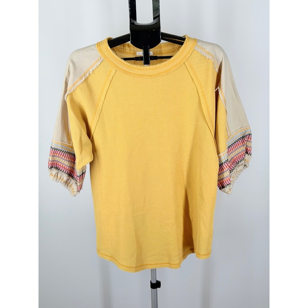 Easel Mustard Yellow Waffle Knit Top Boho Embroidered Contrast Sleeve Medium